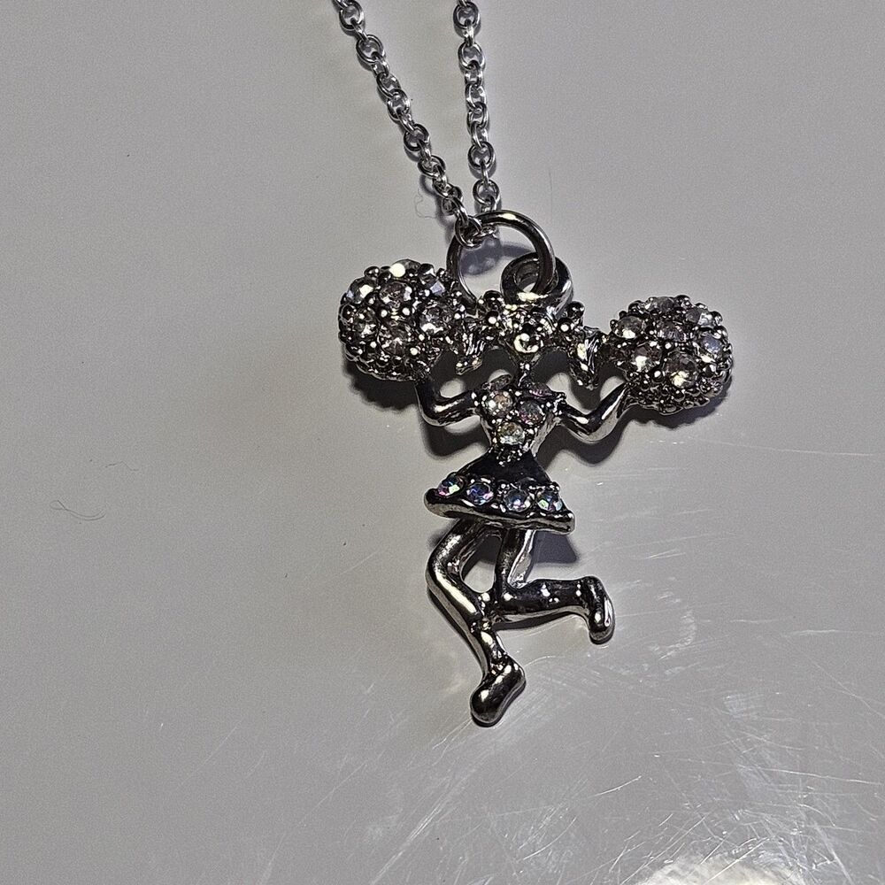 Silver Tone Cheerleader Pendant Necklace Rhinestone Pom Poms Articulated 16-18"
